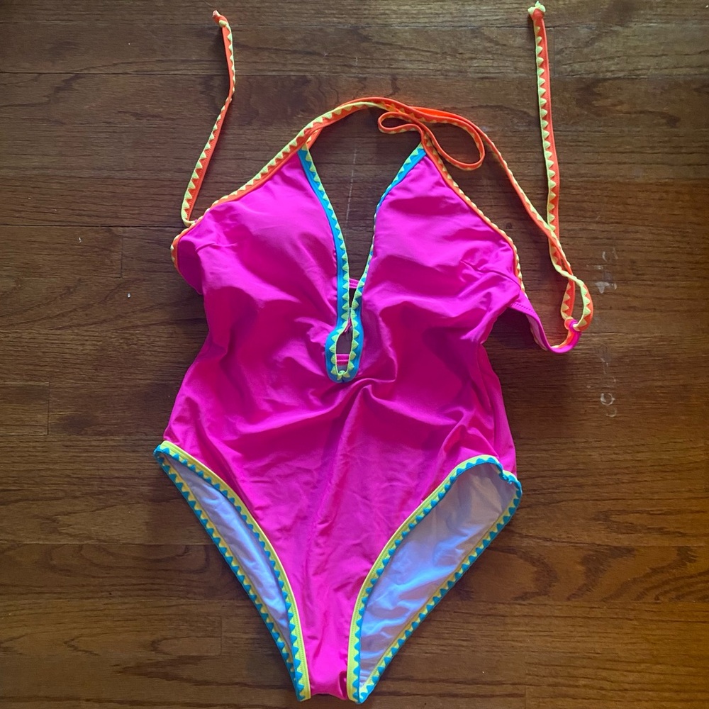 Vibrant Pink One Piece Swimsuit with Blue and Yellow Trim